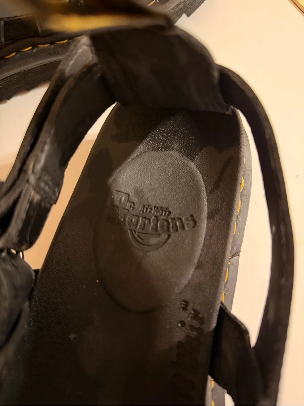 Dr. Martens Black Leather Buckle Fisherman Sandals with Yellow Stitching